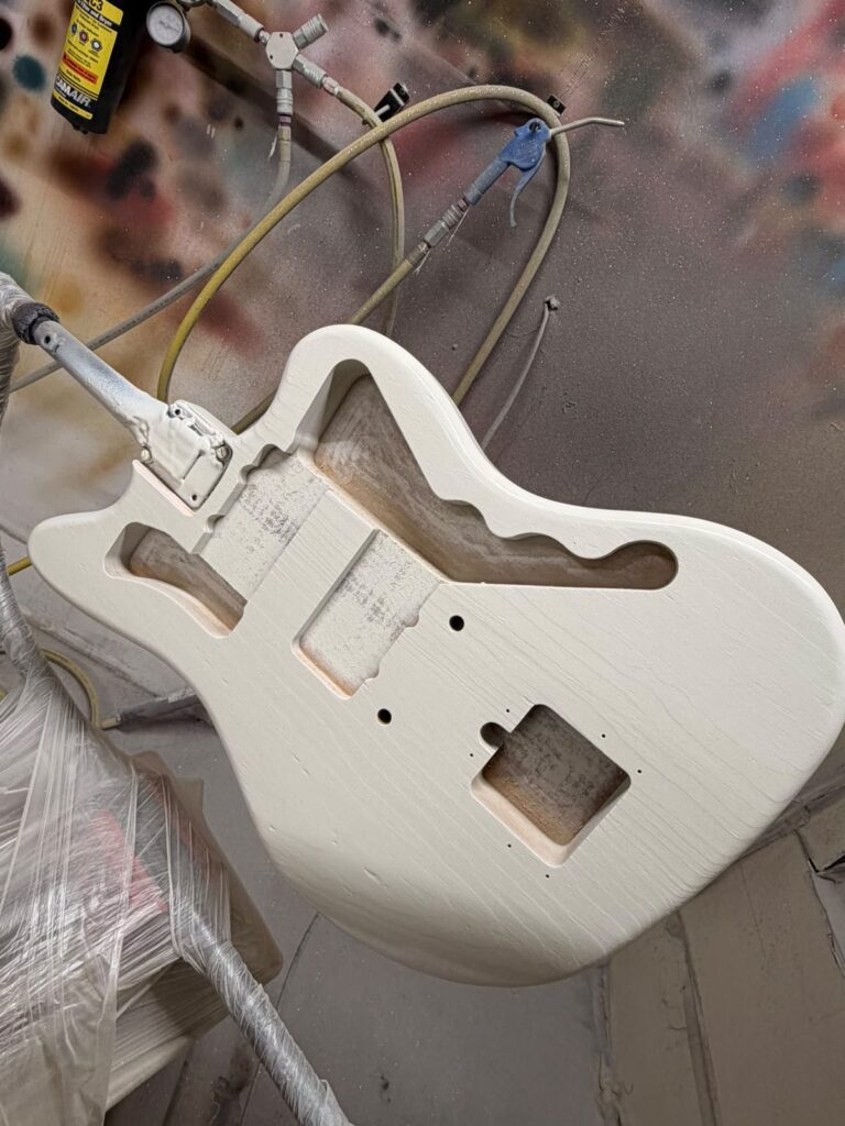 Guitar body in the paint booth